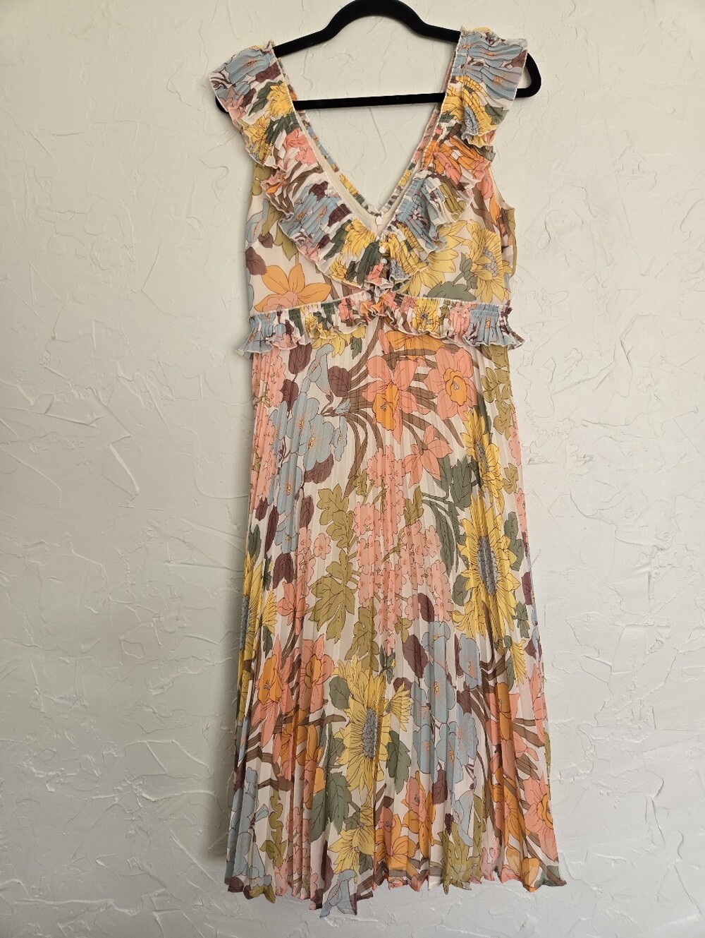 Sézane Floral Pleated Ruffle Pink Yellow Rachelle Dress, 6 - Picture 2 of 14